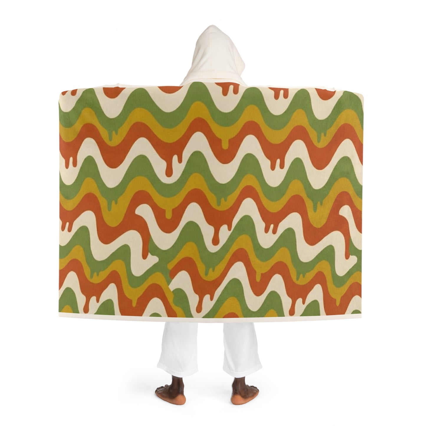 Hooded Sherpa Blanket — Retro Green & Orange Wavy Fleece Throw