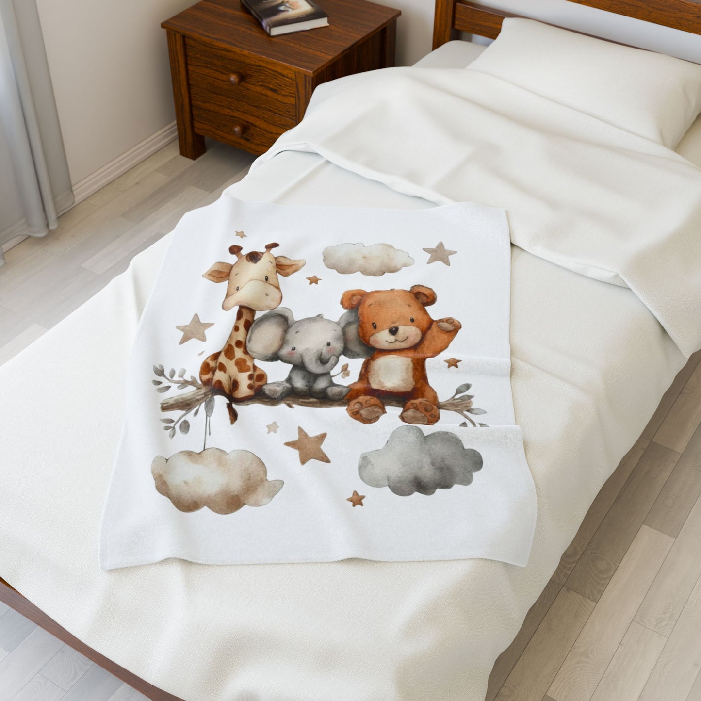 Baby Animal Velveteen Plush Blanket — Giraffe, Elephant & Bear Nursery Throw