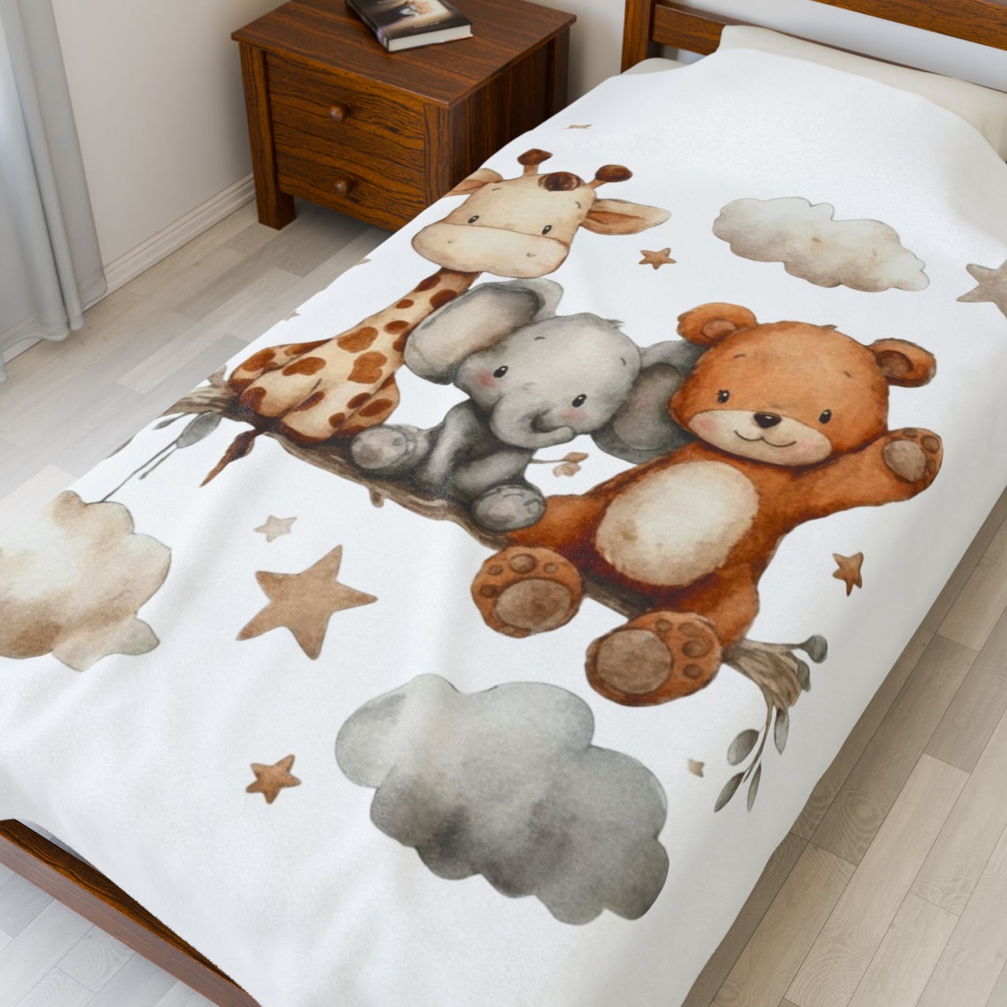 Baby Animal Velveteen Plush Blanket — Giraffe, Elephant & Bear Nursery Throw