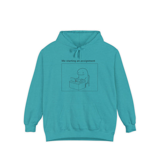 Procrastination Humor Hoodie - Unisex Garment-Dyed with Funny Assignment Prints