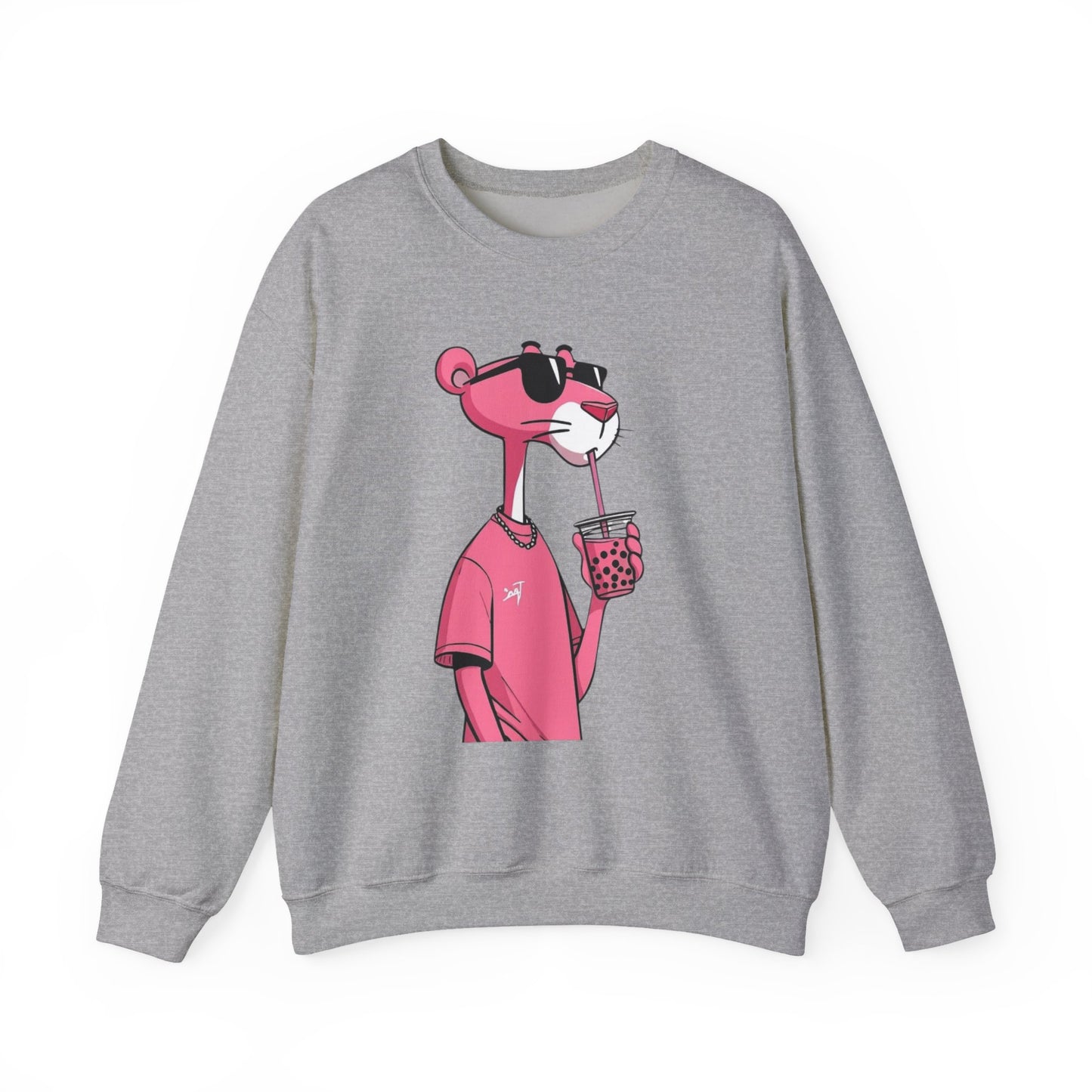 Pink Panther Cartoon Sweatshirt — Cool Sunglasses Bubble Tea Graphic Crewneck