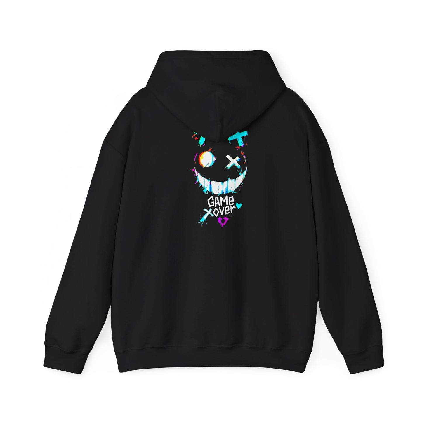 Game Over Smiley Hoodie — Glitchy Neon Gamer Graphic Pullover