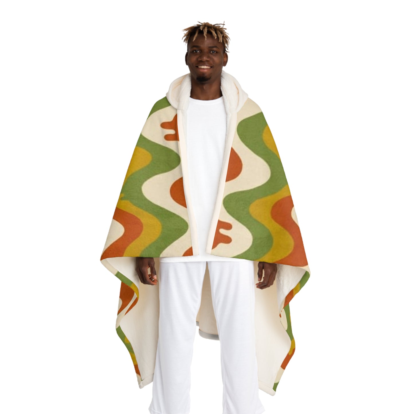 Hooded Sherpa Blanket — Retro Green & Orange Wavy Fleece Throw