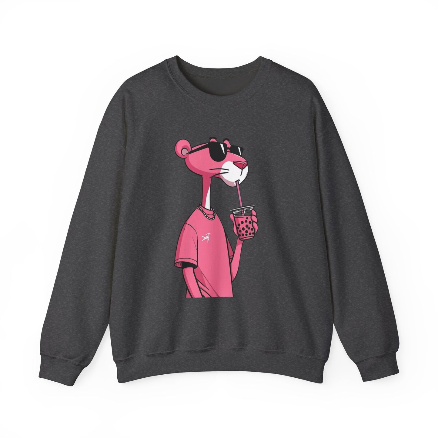 Pink Panther Cartoon Sweatshirt — Cool Sunglasses Bubble Tea Graphic Crewneck