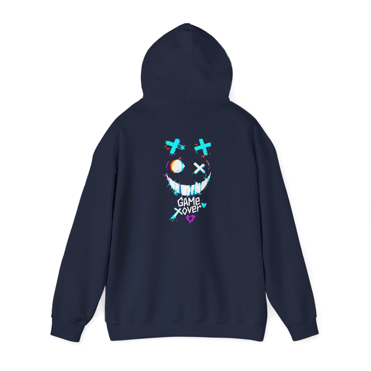 Game Over Smiley Hoodie — Glitchy Neon Gamer Graphic Pullover
