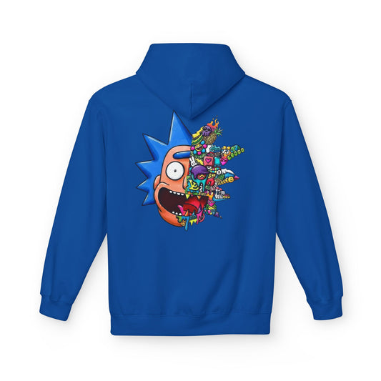 Rick & Morty Split Face Graphic Hoodie — Colorful Cartoon Sci‑Fi Pullover