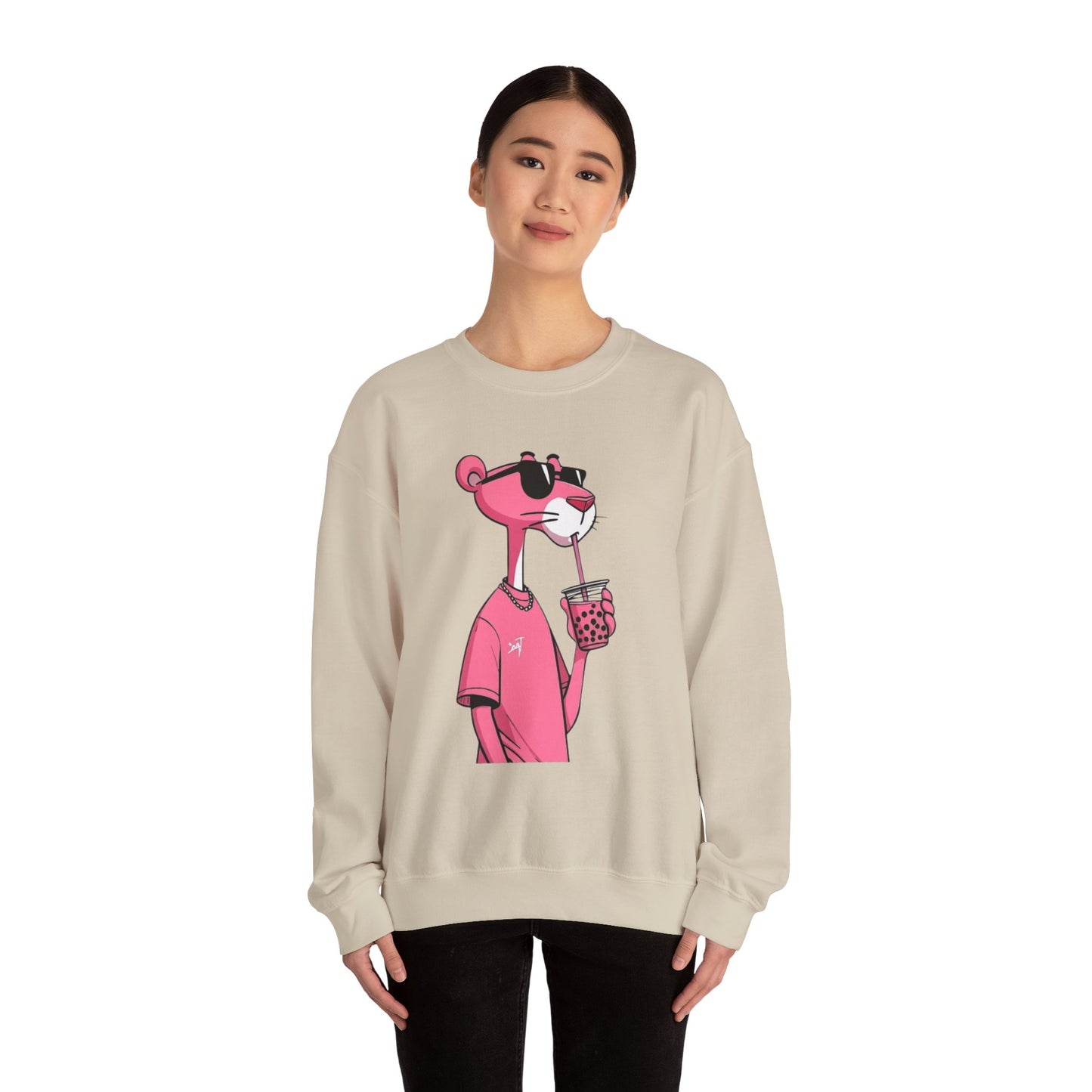 Pink Panther Cartoon Sweatshirt — Cool Sunglasses Bubble Tea Graphic Crewneck