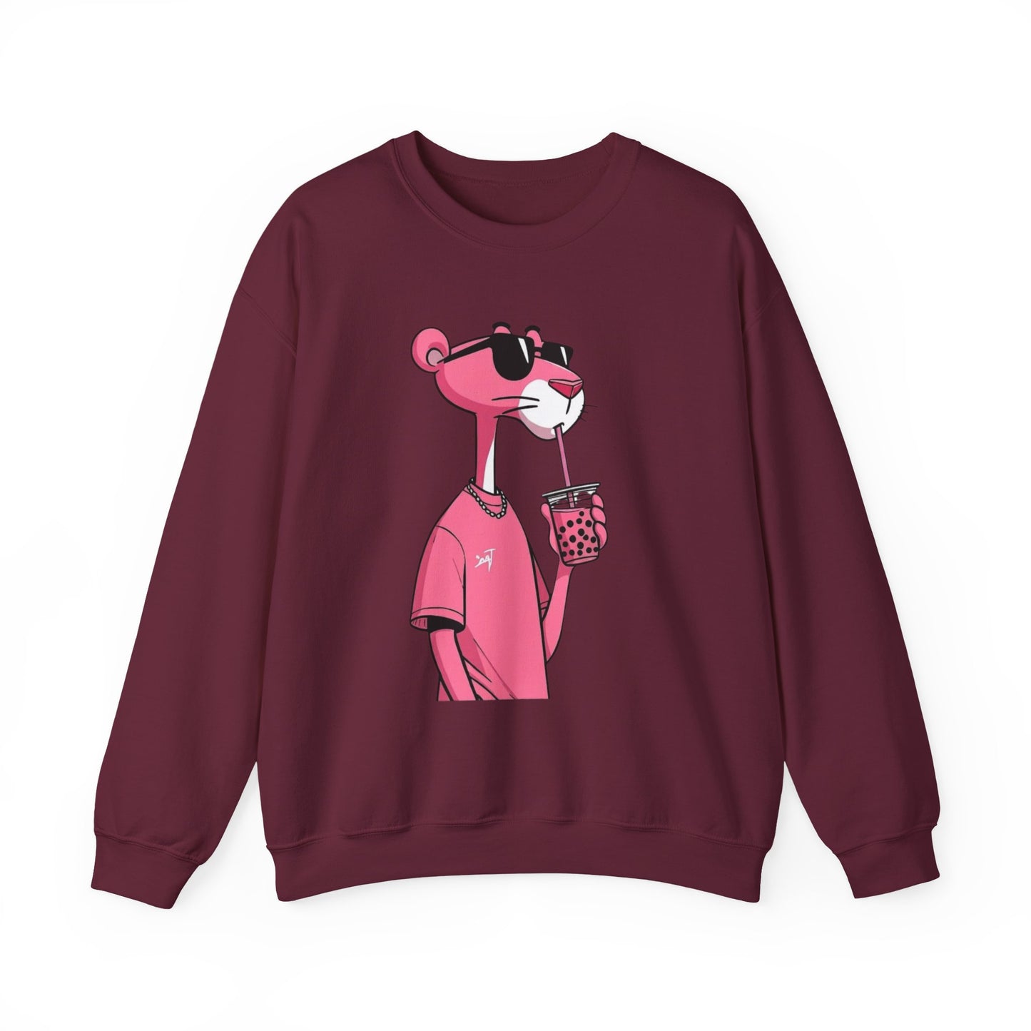 Pink Panther Cartoon Sweatshirt — Cool Sunglasses Bubble Tea Graphic Crewneck