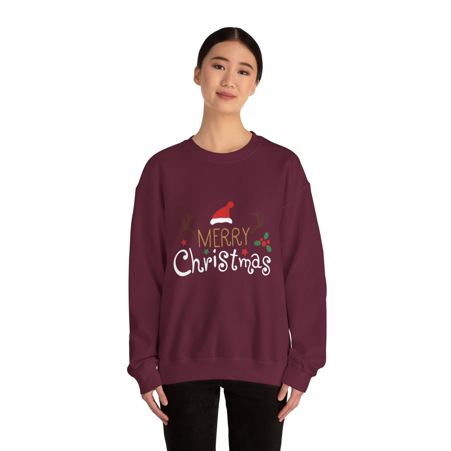Christmas Crewneck Sweatshirt – 'Merry Christmas' Santa Hat & Holly Holiday Sweater