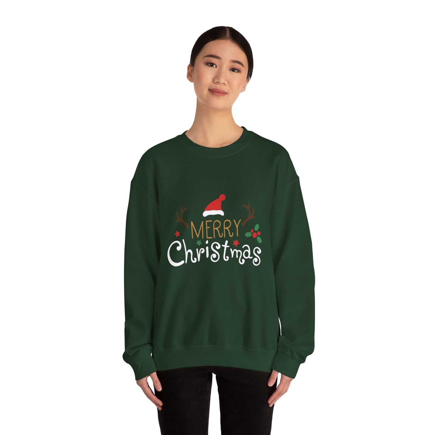 Christmas Crewneck Sweatshirt – 'Merry Christmas' Santa Hat & Holly Holiday Sweater