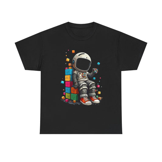 Astronaut Chill T‑Shirt — Retro Space Traveler Sitting on Colorful Blocks