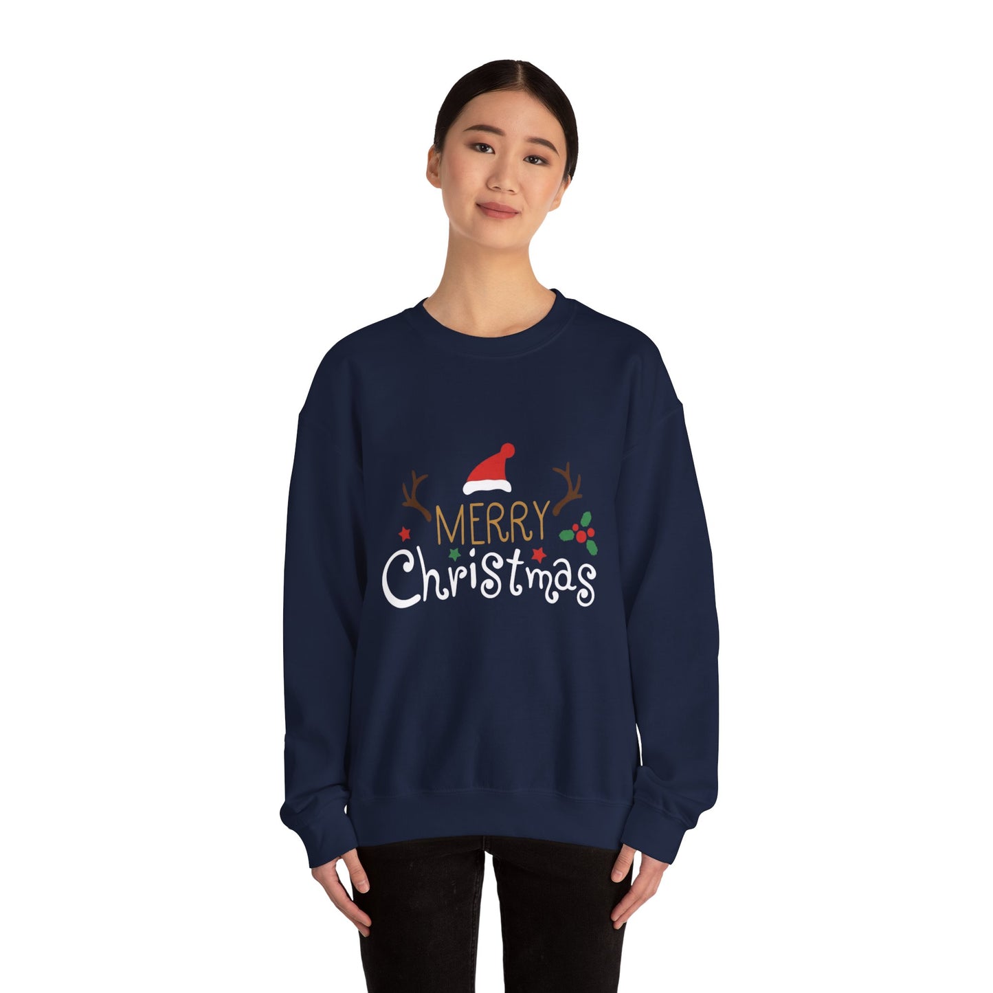 Christmas Crewneck Sweatshirt – 'Merry Christmas' Santa Hat & Holly Holiday Sweater