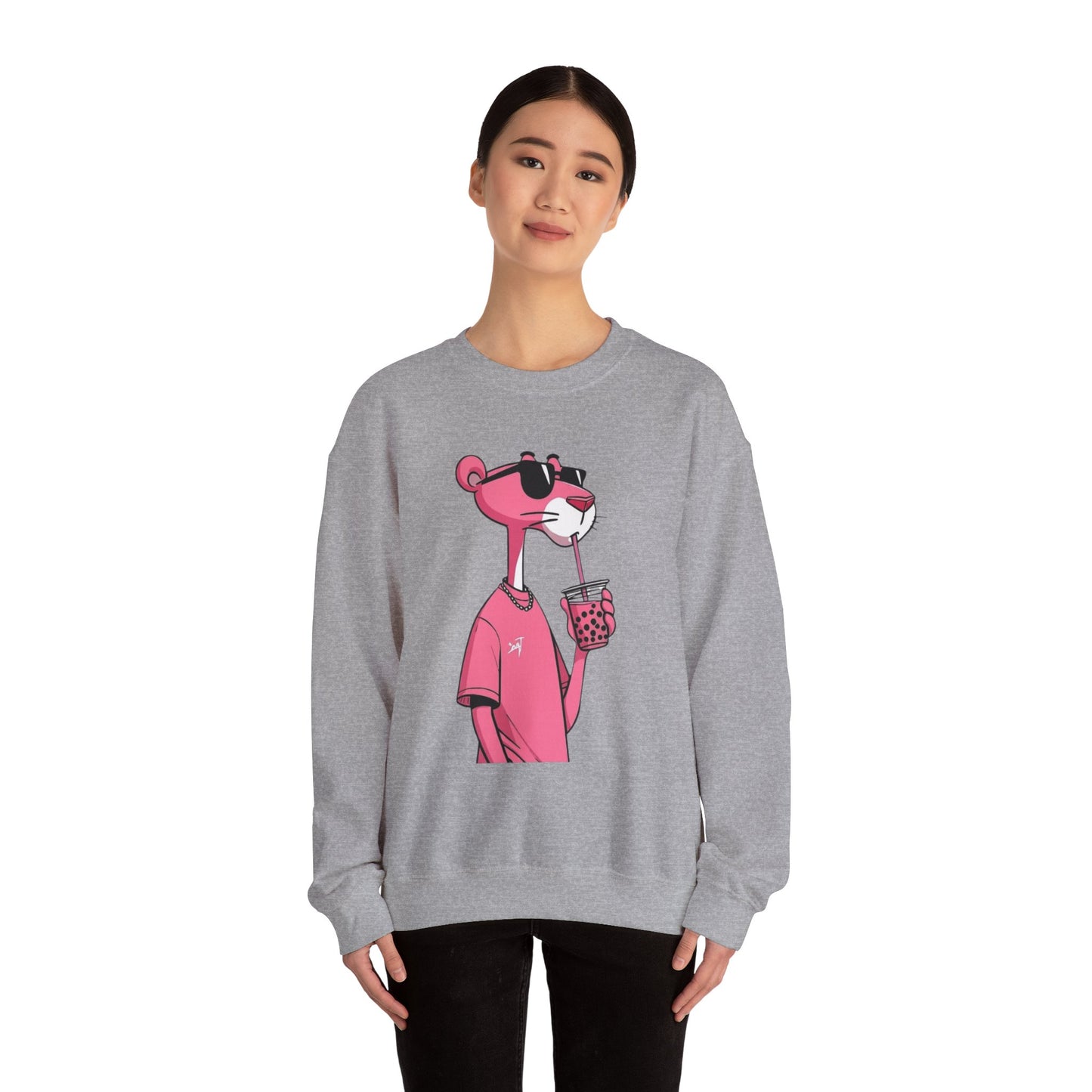 Pink Panther Cartoon Sweatshirt — Cool Sunglasses Bubble Tea Graphic Crewneck