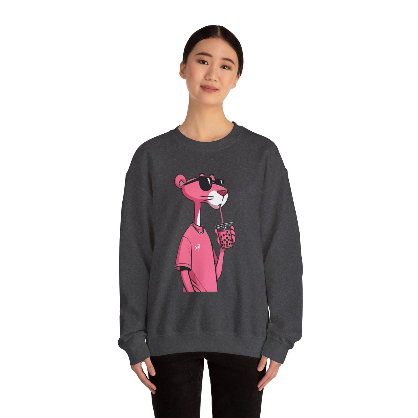 Pink Panther Cartoon Sweatshirt — Cool Sunglasses Bubble Tea Graphic Crewneck