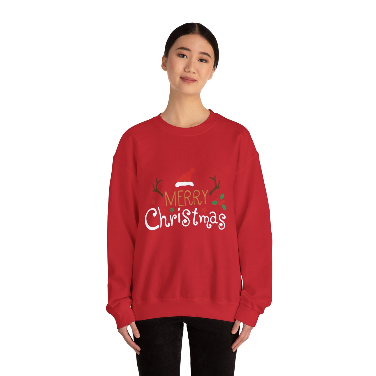 Christmas Crewneck Sweatshirt – 'Merry Christmas' Santa Hat & Holly Holiday Sweater