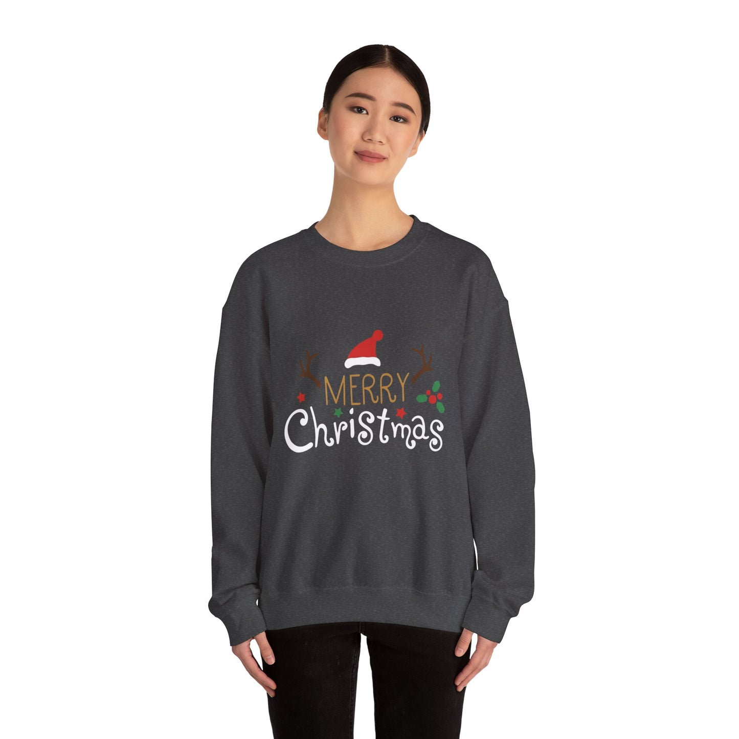 Christmas Crewneck Sweatshirt – 'Merry Christmas' Santa Hat & Holly Holiday Sweater