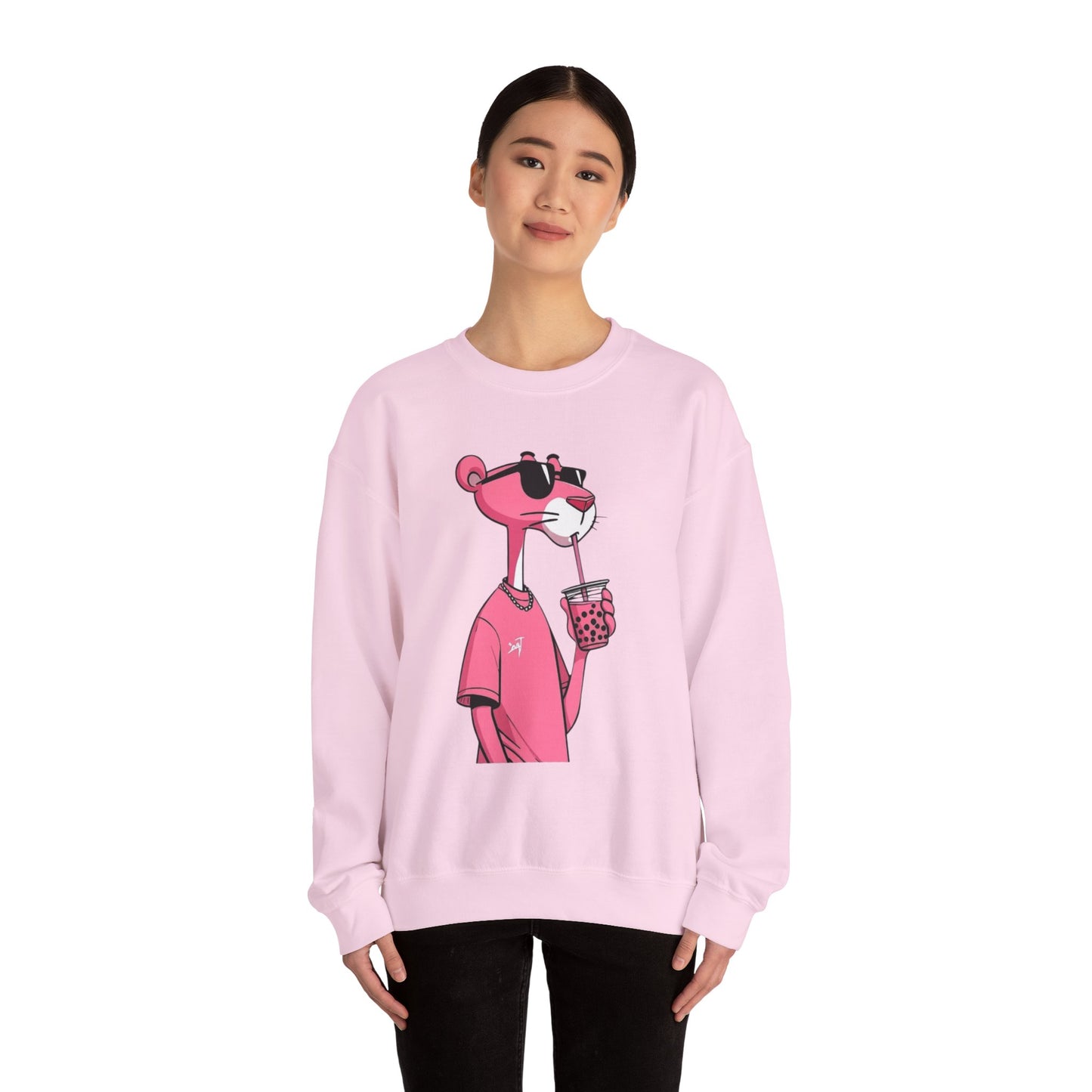 Pink Panther Cartoon Sweatshirt — Cool Sunglasses Bubble Tea Graphic Crewneck