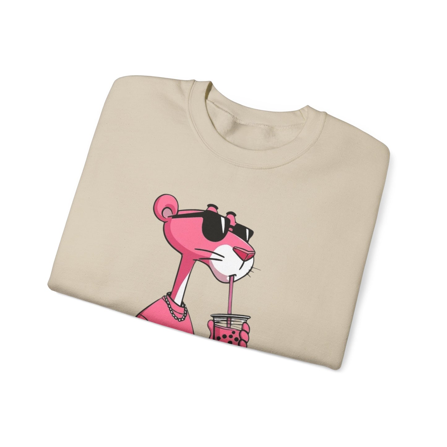 Pink Panther Cartoon Sweatshirt — Cool Sunglasses Bubble Tea Graphic Crewneck