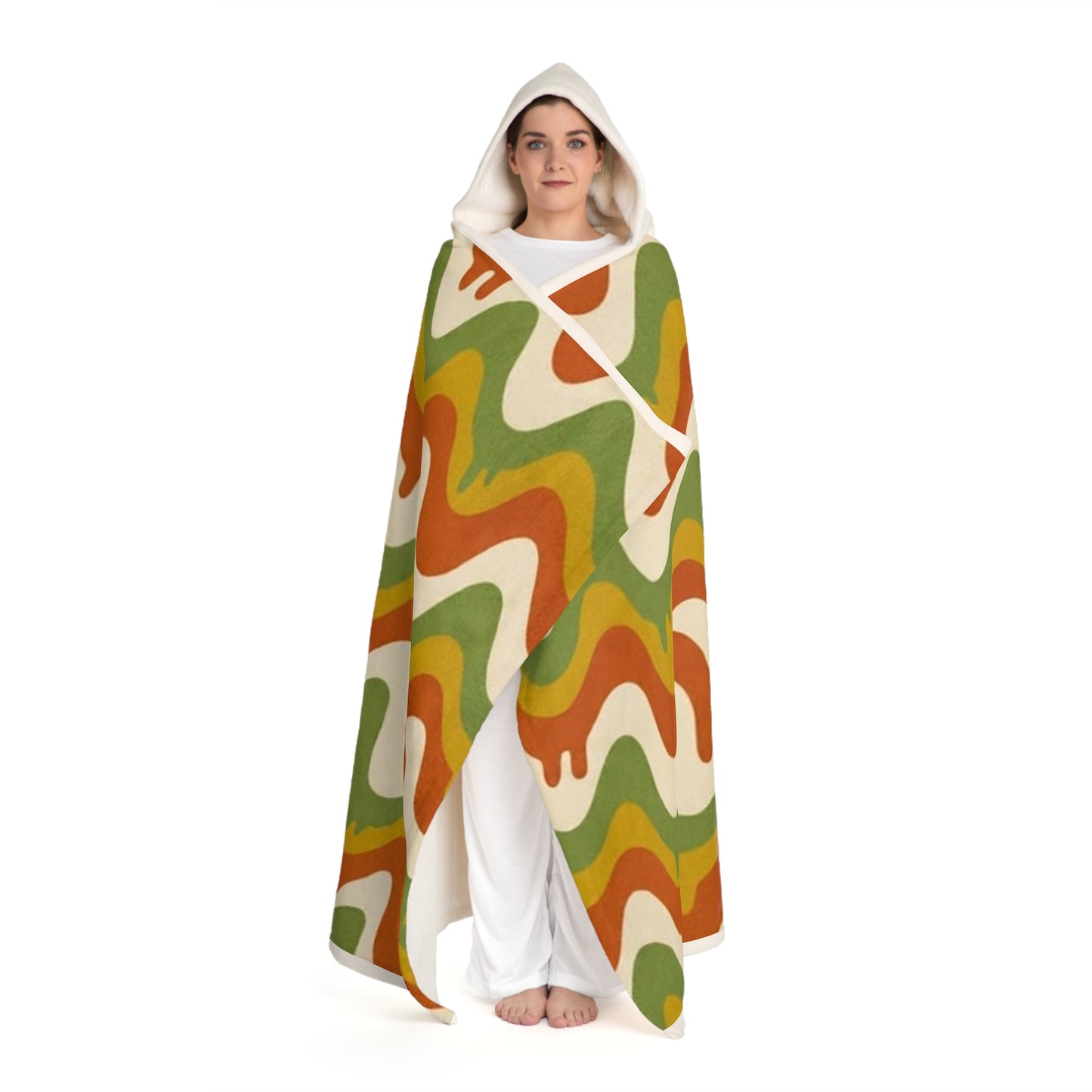 Hooded Sherpa Blanket — Retro Green & Orange Wavy Fleece Throw