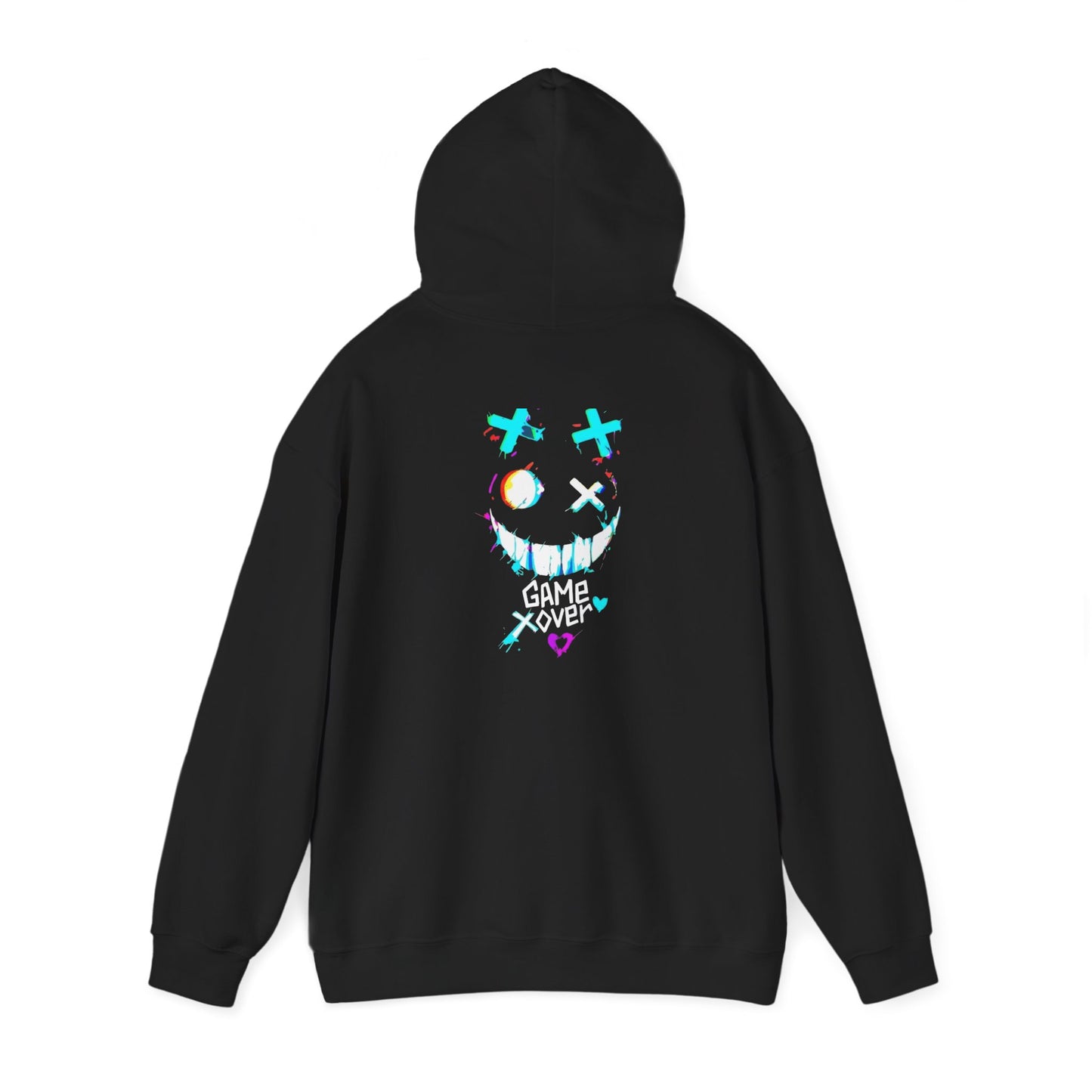 Game Over Smiley Hoodie — Glitchy Neon Gamer Graphic Pullover