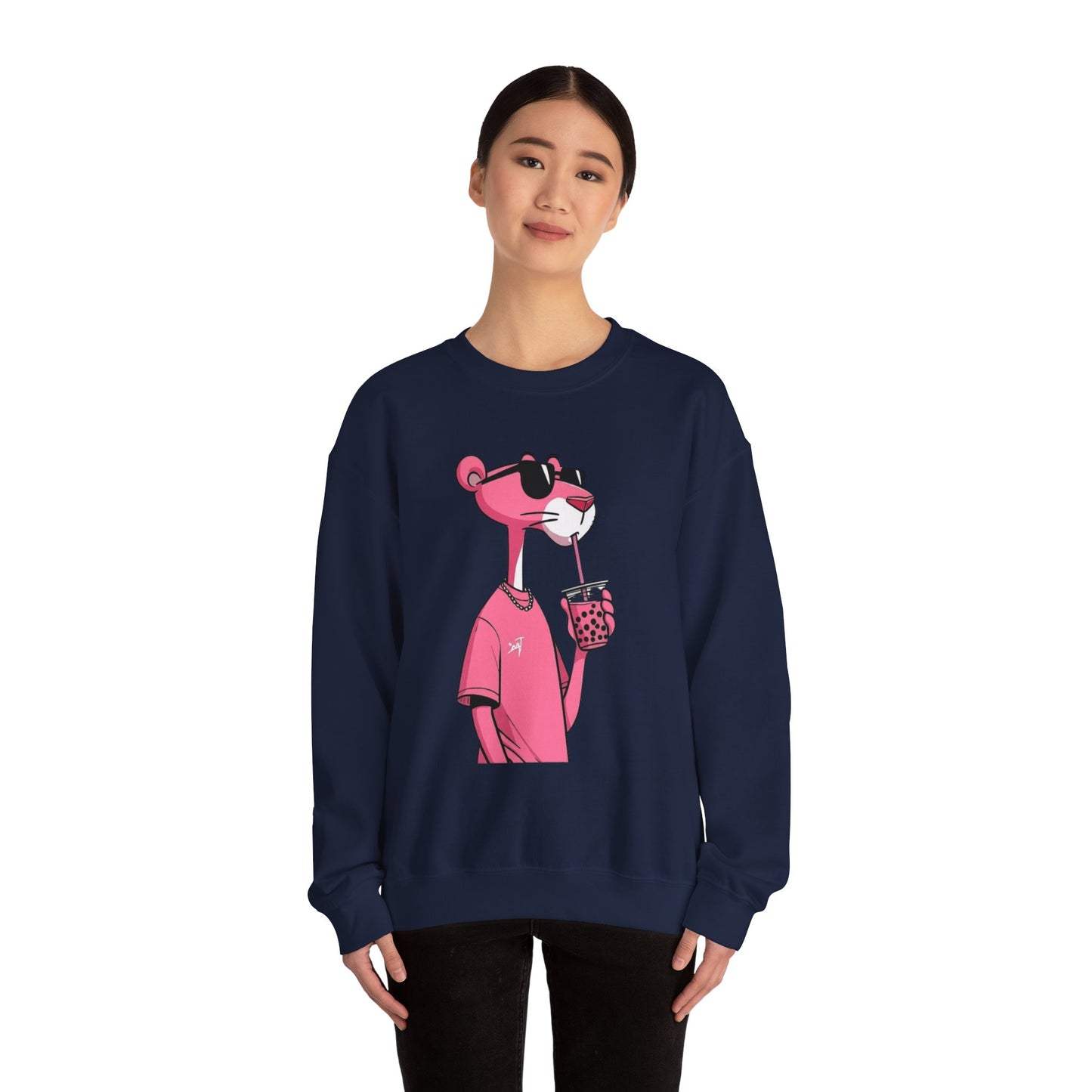 Pink Panther Cartoon Sweatshirt — Cool Sunglasses Bubble Tea Graphic Crewneck