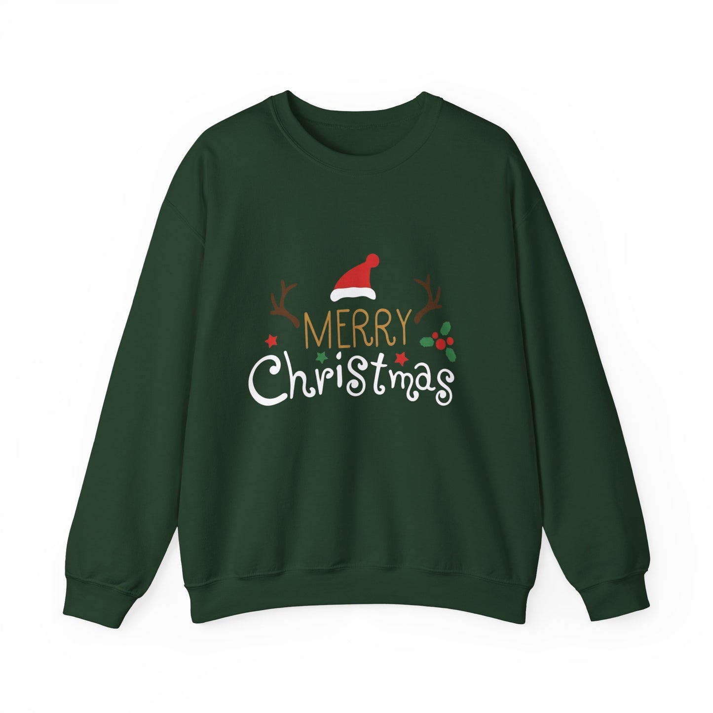 Christmas Crewneck Sweatshirt – 'Merry Christmas' Santa Hat & Holly Holiday Sweater