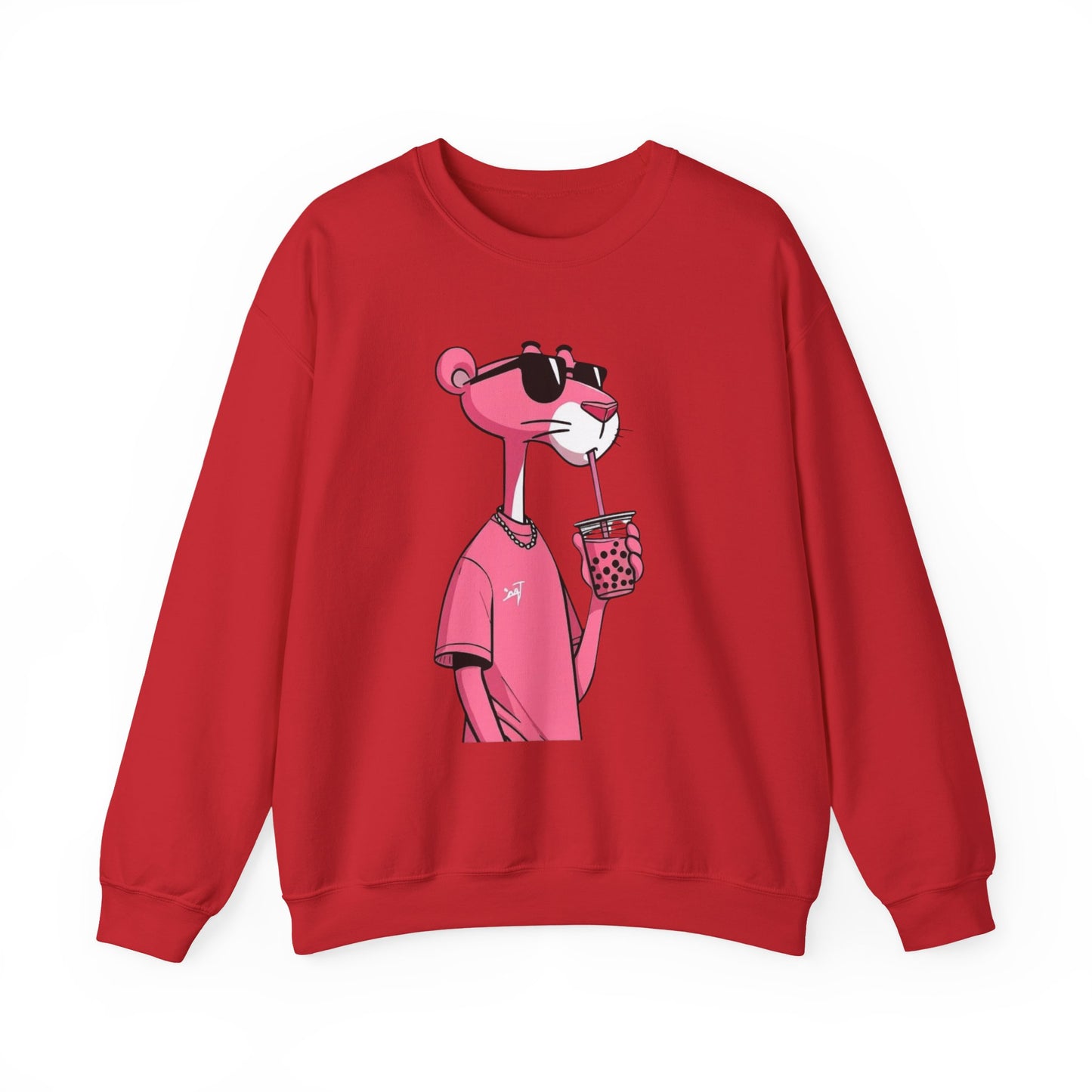 Pink Panther Cartoon Sweatshirt — Cool Sunglasses Bubble Tea Graphic Crewneck
