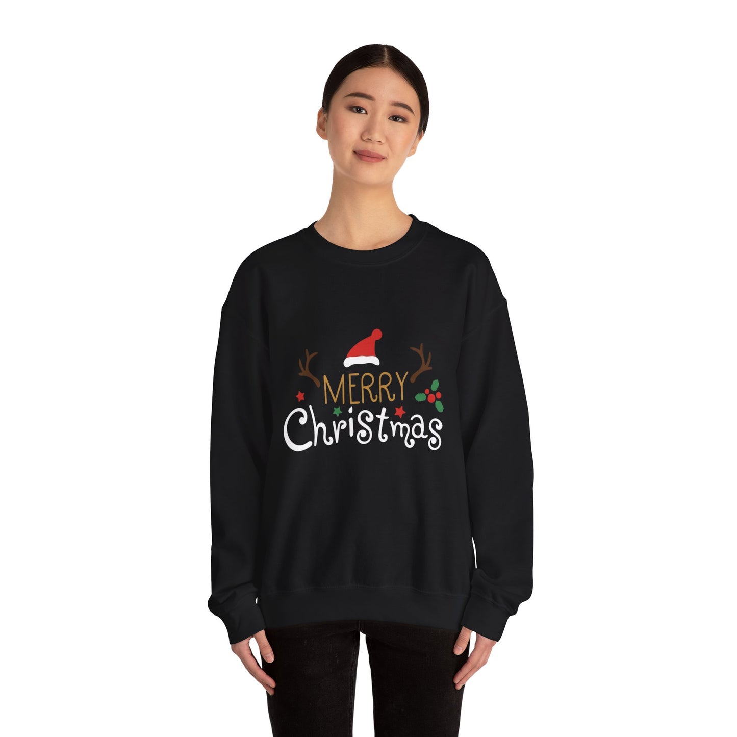 Christmas Crewneck Sweatshirt – 'Merry Christmas' Santa Hat & Holly Holiday Sweater