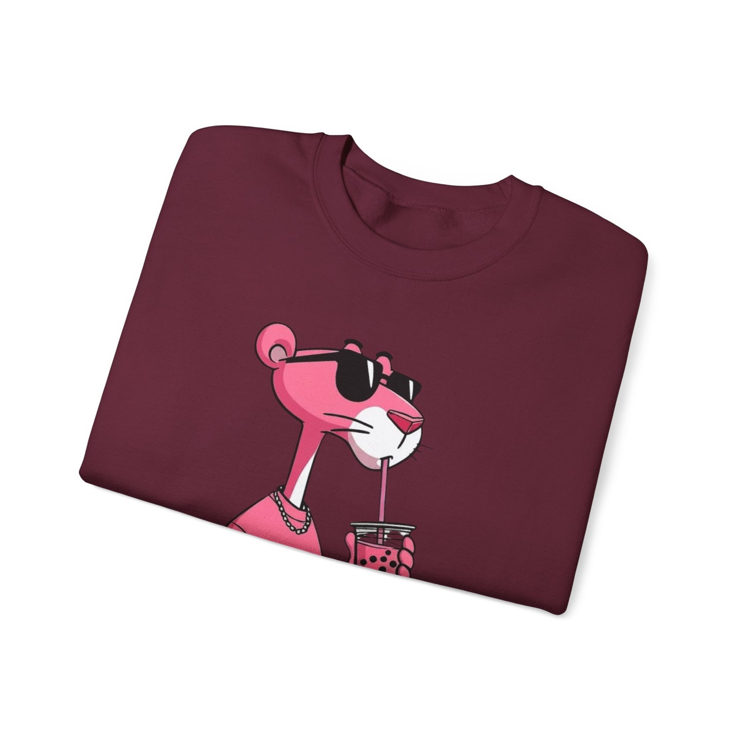 Pink Panther Cartoon Sweatshirt — Cool Sunglasses Bubble Tea Graphic Crewneck