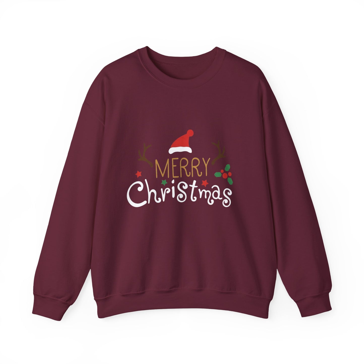 Christmas Crewneck Sweatshirt – 'Merry Christmas' Santa Hat & Holly Holiday Sweater