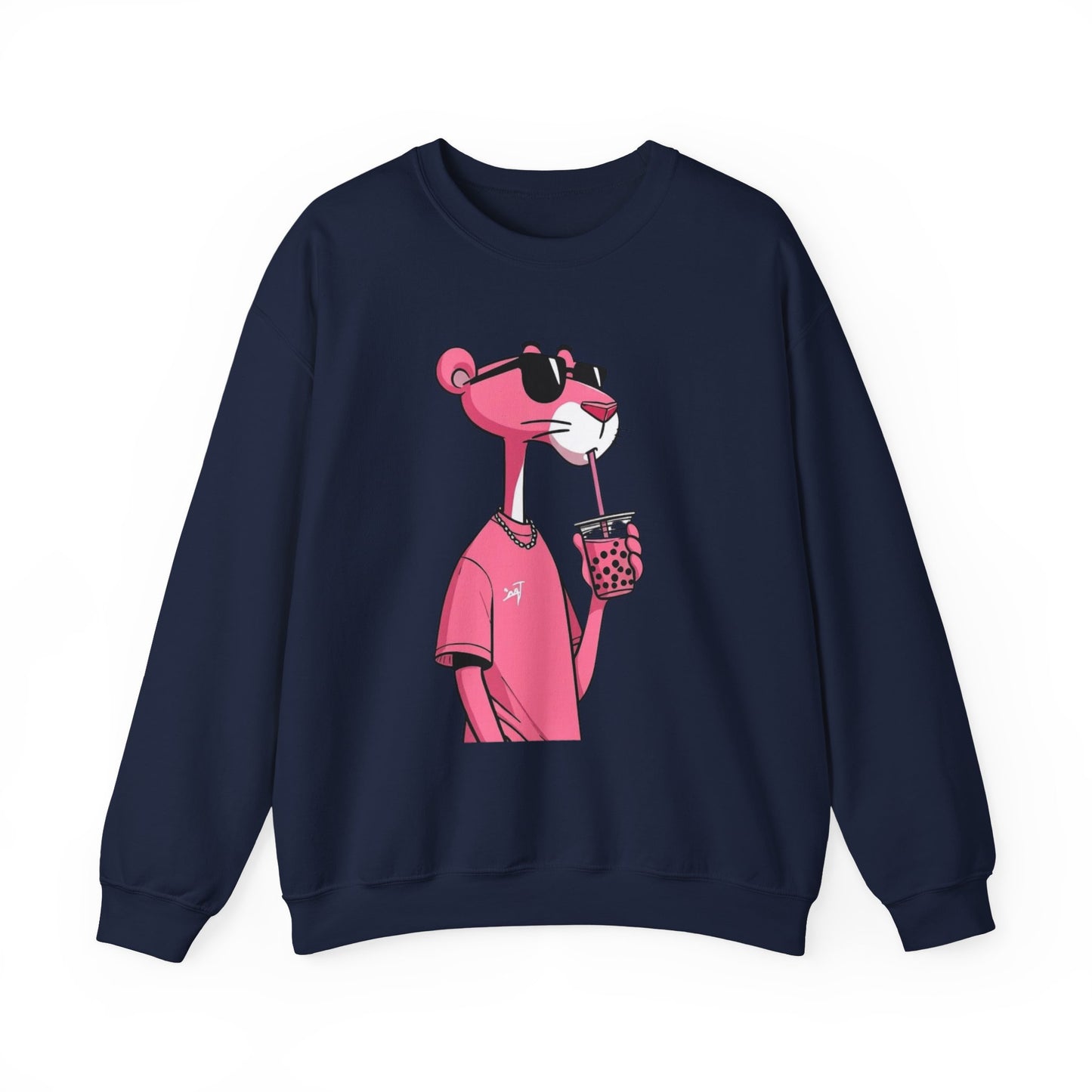 Pink Panther Cartoon Sweatshirt — Cool Sunglasses Bubble Tea Graphic Crewneck
