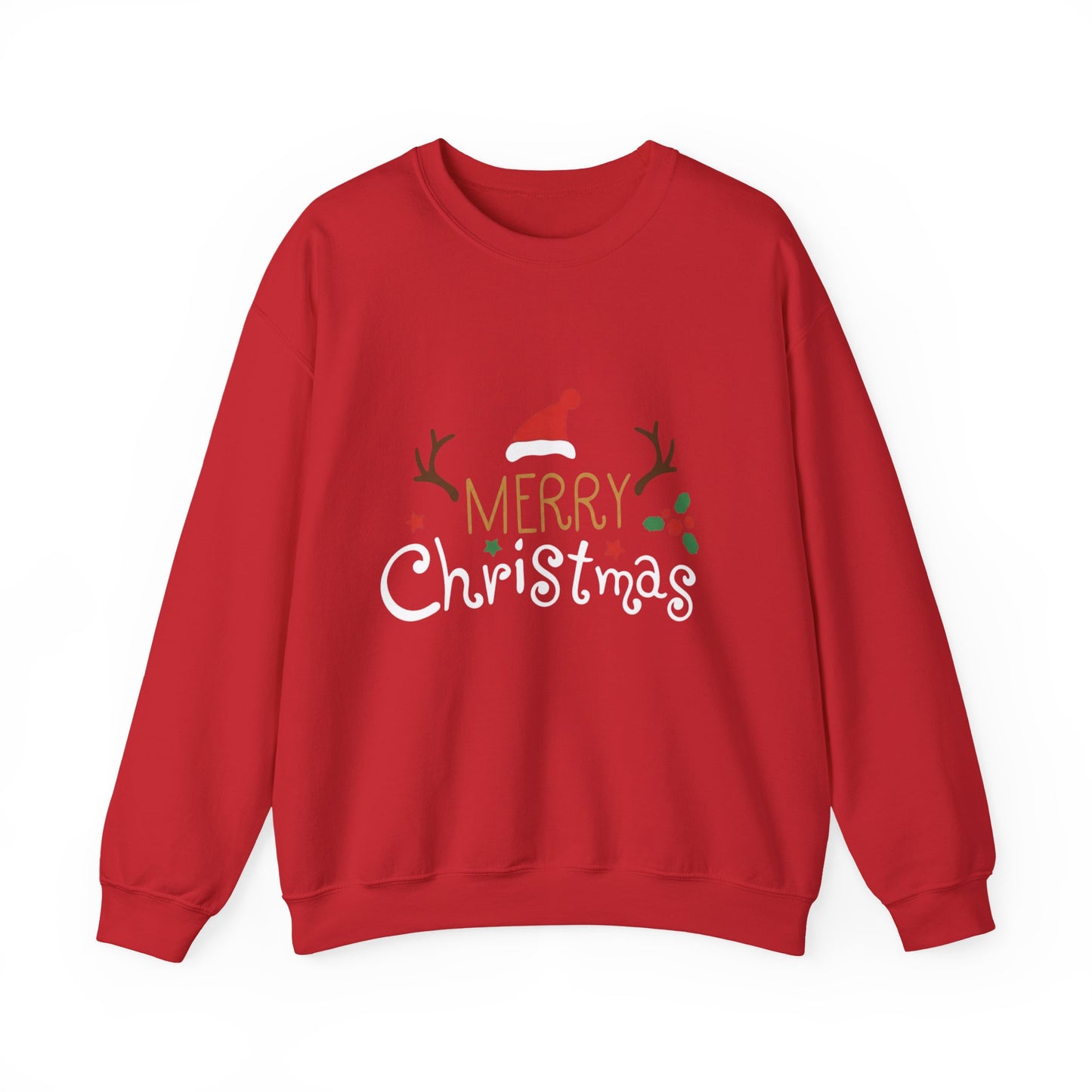 Christmas Crewneck Sweatshirt – 'Merry Christmas' Santa Hat & Holly Holiday Sweater