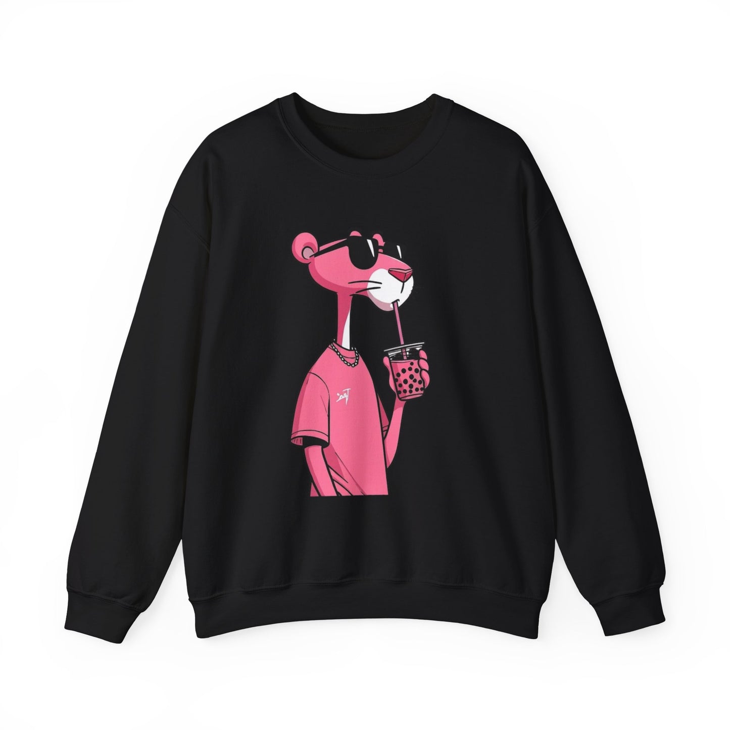 Pink Panther Cartoon Sweatshirt — Cool Sunglasses Bubble Tea Graphic Crewneck