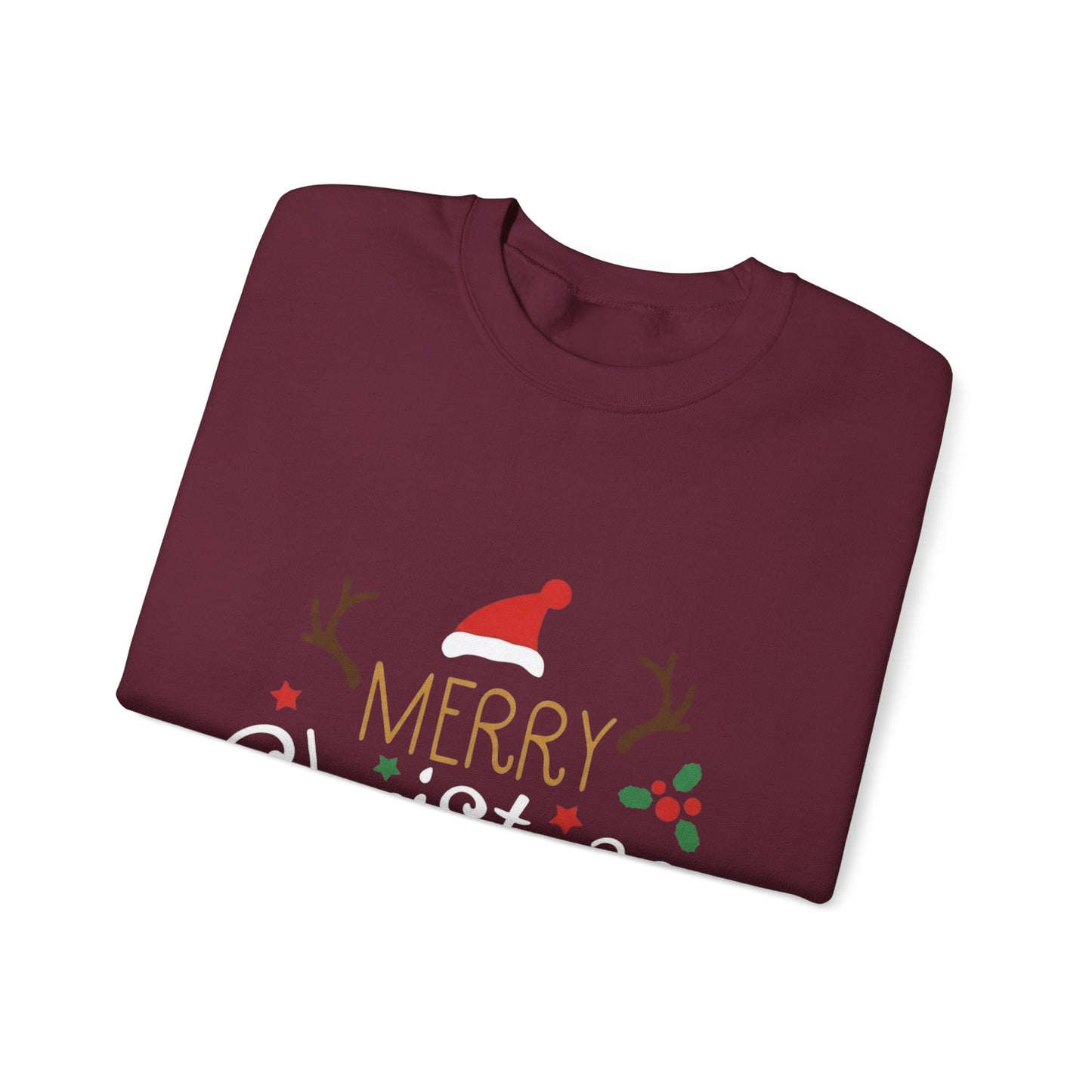 Christmas Crewneck Sweatshirt – 'Merry Christmas' Santa Hat & Holly Holiday Sweater