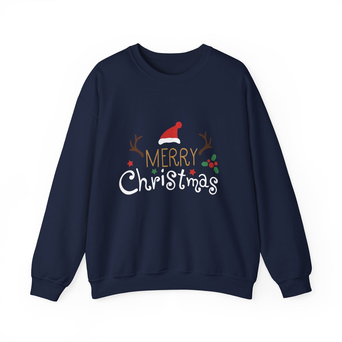 Christmas Crewneck Sweatshirt – 'Merry Christmas' Santa Hat & Holly Holiday Sweater
